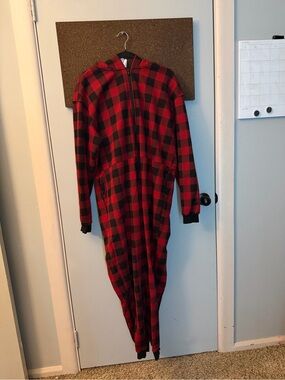 Fabletics Red and Black Buffalo Plaid Hooded Zip Onesie